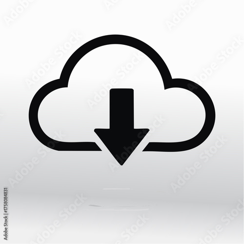 Minimalist black outline icon representing cloud computing download, with a downward arrow for data storage and digital file transfer