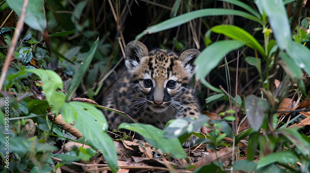 Fototapeta premium Baby jaguar in dense foliage