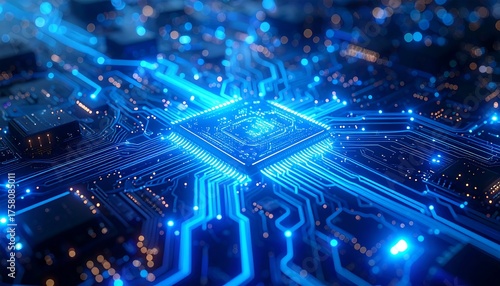 Futuristic Microchip Technology - Glowing Circuit Board with Data Flow.