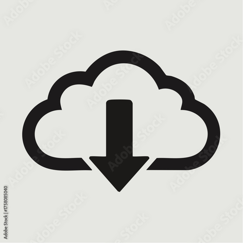 A minimalist black line icon representing a download from the cloud, illustrating data transfer, digital storage, and information retrieval from an online server