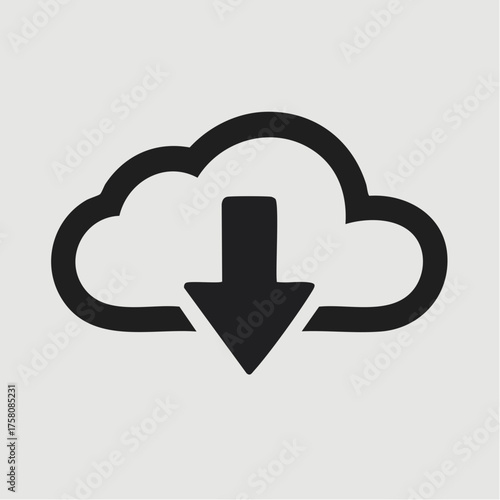 Simple black line icon of a cloud with a download arrow, symbolizing data transfer, cloud storage, and saving files from the internet
