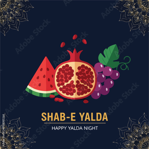 Modern Flat Yalda Night Banner with Persian Ornaments and Festive Fruits