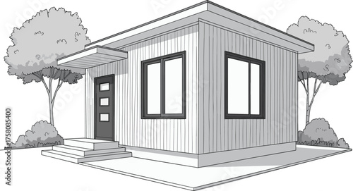 Small modern house exterior illustration, minimalist prefab cabin design, contemporary wood panel home, architectural 3D drawing, compact residential structure