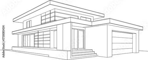 Modern minimalist house exterior line art, architectural wireframe design, 3D CAD home outline, contemporary residential building sketch, vector blueprint illustration