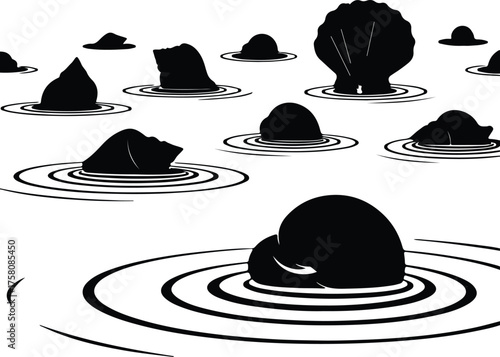 Vector oyster and seashell water ripple monochrome silhouette illustration