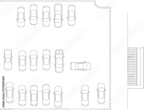 Architectural parking layout plan, top view car parking design, CAD technical drawing, building blueprint vector, modern architecture flat illustration