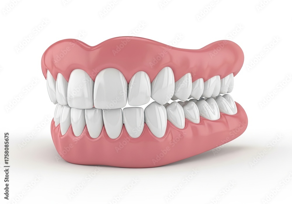 Fototapeta premium Denture Set with Pink Gums and White Teeth on a White Studio Background 3D Rendering