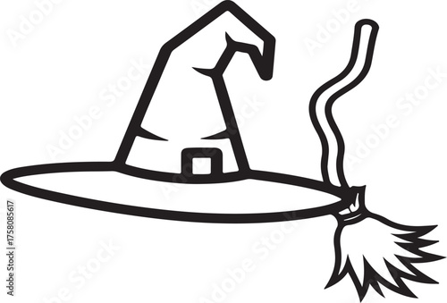 A whimsical hand drawn outline illustration of a classic witch hat with a buckle and a broomstick flying together isolated on white background.