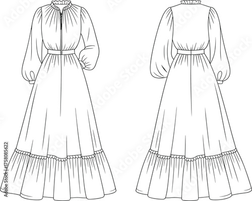 Elegant long sleeve maxi dress, fashion flat sketch, technical drawing, women’s ruffle gown design, CAD vector illustration, sewing pattern template