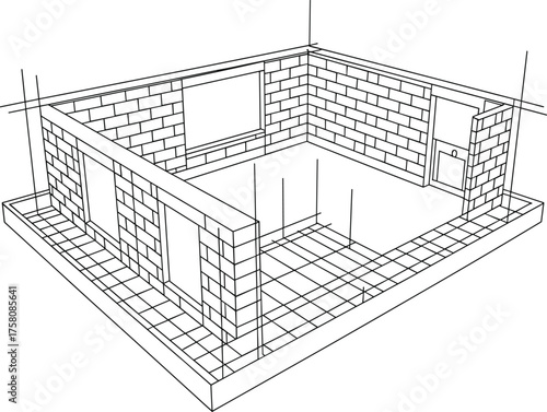Isometric architectural drawing of a brick building under construction showing walls, doors, window openings, and reinforced concrete floor grid