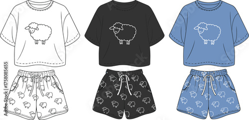 Cute sheep print pajama set design for women featuring crop top and shorts in white, black, and blue color variations