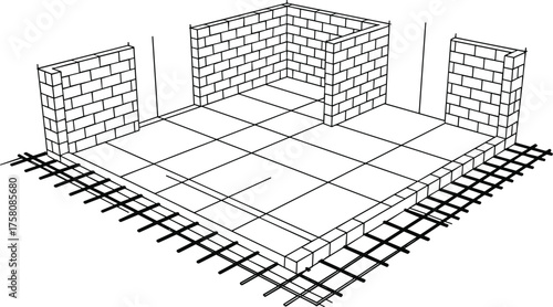 Isometric architectural drawing of a brick wall and reinforced concrete floor foundation under construction with visible rebar steel reinforcement grid