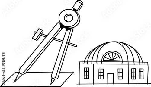 Architecture and design concept illustration showing a compass drawing tool beside a domed building, representing engineering, geometry, and construction planning
