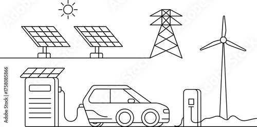 Electric car charging from renewable energy, solar panels and wind turbine power generation, eco-friendly green transportation, sustainable energy concept illustration