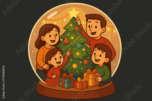 Family decorating Christmas tree in snow globe during holidays  