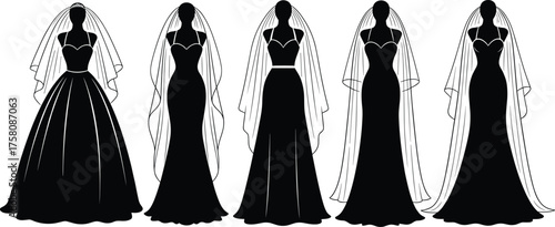 Wedding dress silhouette, bridal fashion illustration, veil styles, elegant gown sketch, mermaid, ball gown, A-line, black and white art