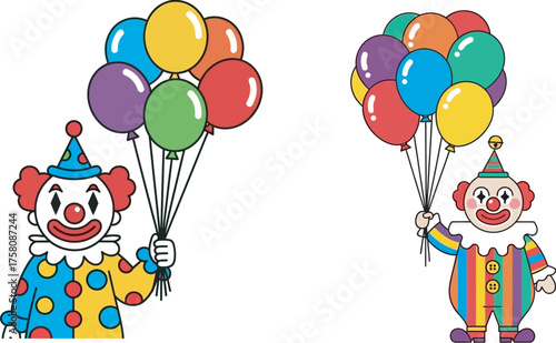 Cheerful cartoon clowns holding vibrant balloons - festive party entertainment