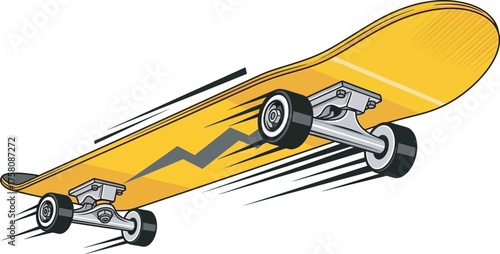 Dynamic yellow skateboard in motion with lightning bolt graphic - extreme sports and urban energy