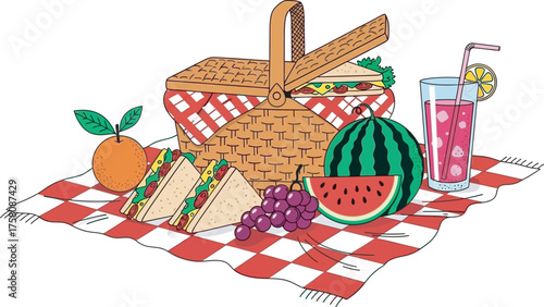 Classic summer picnic spread with basket, sandwiches, and watermelon on a checkered blanket - outdoor dining and relaxation