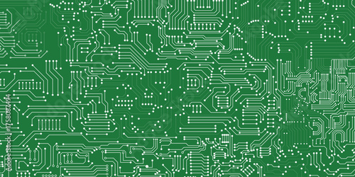 Technology circuit board white lines and dots on green background.