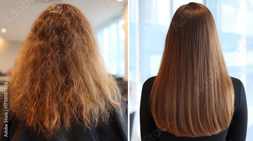 Elegant photo of Before and after keratin straightening hair treatment for frizzy hair