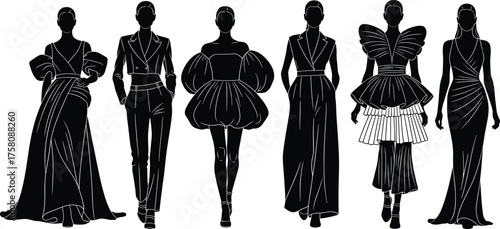 Fashion model silhouette set, high-fashion outfit illustration, elegant gown vector, avant-garde dress design, runway style template, clothing concept art