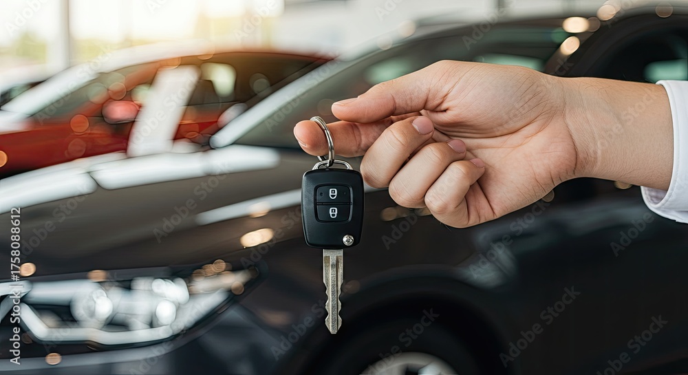 Fototapeta premium Car dealer hand holds keys closing new car deal. This successful deal is final