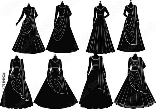 Traditional Indian lehenga silhouettes, fashion design template, dupatta draping styles, ethnic outfit sketch, cultural clothing illustration, bridal wear concept