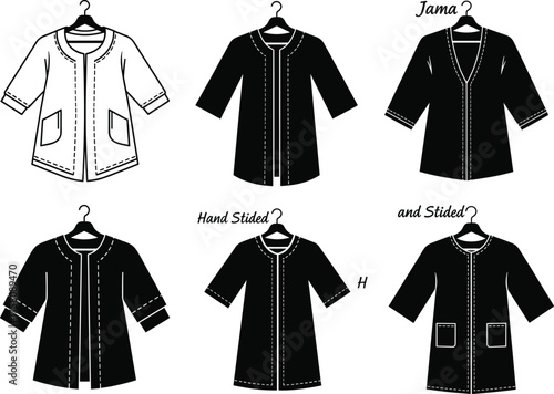 Traditional tunic illustration, stitched garment design, ethnic clothing sketch, neckline and sleeve variation, fashion template, cultural outfit, hanger display concept