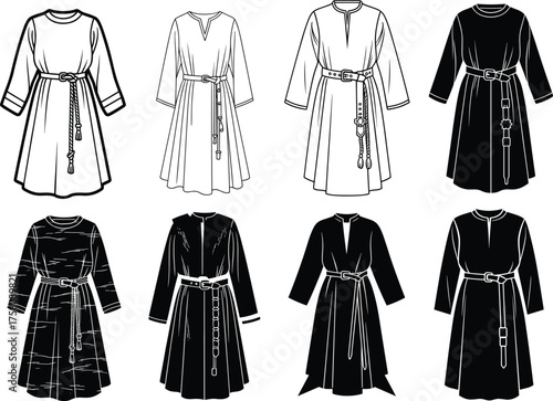 Fashion design template, dress silhouette variations, long sleeve styles, belted waist dresses, garment sketch, black and white illustration, couture concept