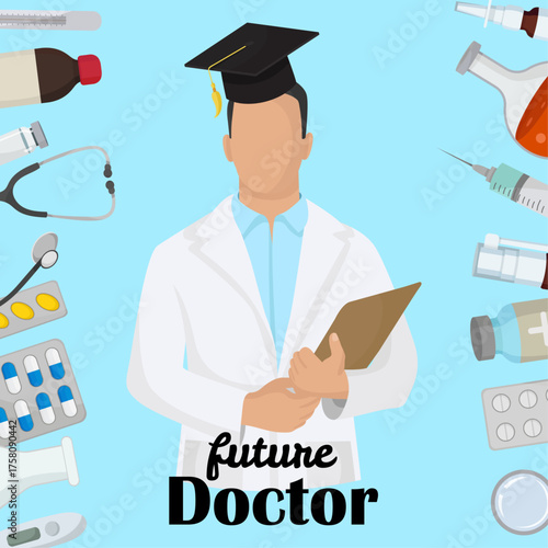 Future doctor student in white coat and graduation cap medication blister pills sthetoscope injection