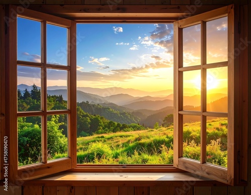 Open wooden window frames vibrant mountain vista during sunrise