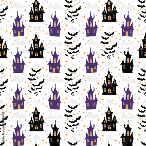 Spooky halloween castle and bat seamless pattern vector