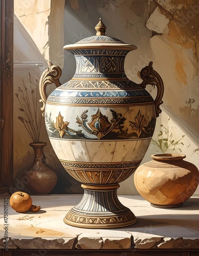 Ornate, antique vase with delicate details on a sunlit surface