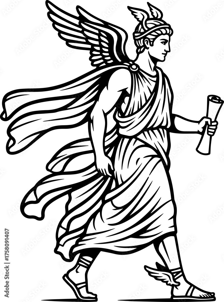 Fototapeta premium Vector illustration of Hermes walking forward holding a scroll or message