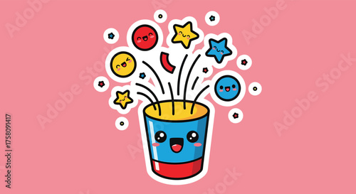 Cute cartoon bucket overflowing with colorful confetti and smiling star, circle, and crescent shapes against a pink backdrop, creating a festive and cheerful vibe.