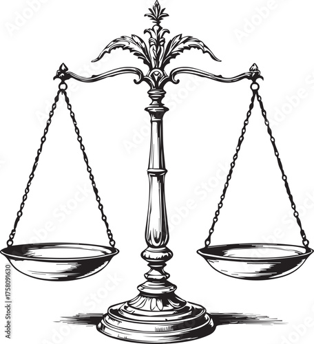 Balance scale vector illustration symbolizing justice, fairness, equality, and legal system design