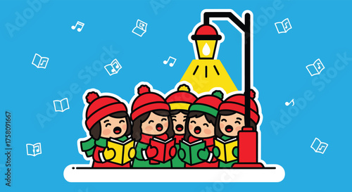 Children singing carols together under a lamppost on a snowy winter night, spreading holiday cheer and festive spirit through their harmonious voices.