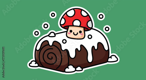 Cute mushroom sits atop a chocolate swiss roll cake with white frosting on a green surface, creating a whimsical and sweet scene.