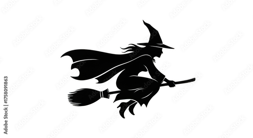 Fototapeta premium Witch Flying on a Broomstick Silhouette Isolated on Transparent PNG Background