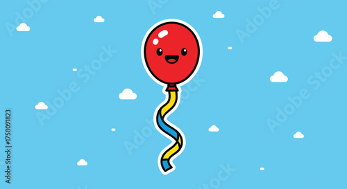 Cute red balloon floats cheerfully in a bright blue sky with scattered white clouds, radiating joy and whimsy on a sunny day.