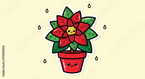 Cute poinsettia plant in red pot smiles during light rain on a cheerful christmas themed day. captured in beautiful natural lighting.