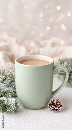 Wallpaper Mural Cozy green mug of coffee with pinecones and greenery in a light and airy Christmas setting Torontodigital.ca
