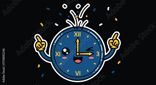 Cartoon clock celebrates new year with confetti against black backdrop, symbolizing time passing and joyous anticipation of future events.