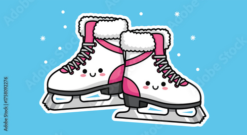 Cute ice skates sit on light blue surface with falling snow creating a whimsical winter scene. featuring stunning details and textures.