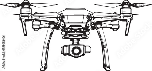 Quadcopter drone with camera and landing gear, black and white vector illustration for aerial tech themes