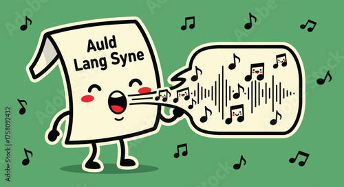 Singing sheet of music performs Auld Lang Syne with musical notes floating around on a green surface, showcasing joy and celebration.