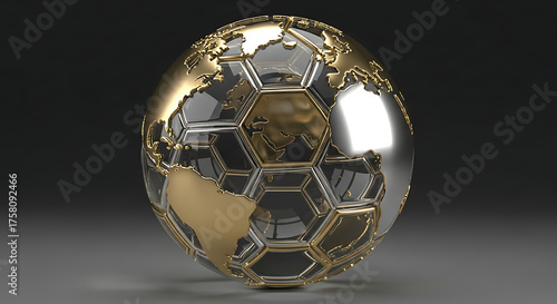 A soccer ball made of gold and silver with a world map on a dark background
