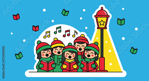 Group of children singing Christmas carols under a lamppost on a snowy winter night, spreading holiday cheer and festive spirit.