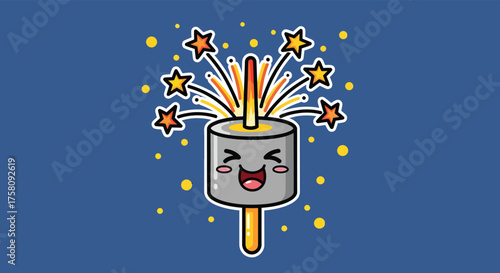 Cute marshmallow character celebrates with fireworks on a stick against a blue backdrop, radiating joy and festive cheer.